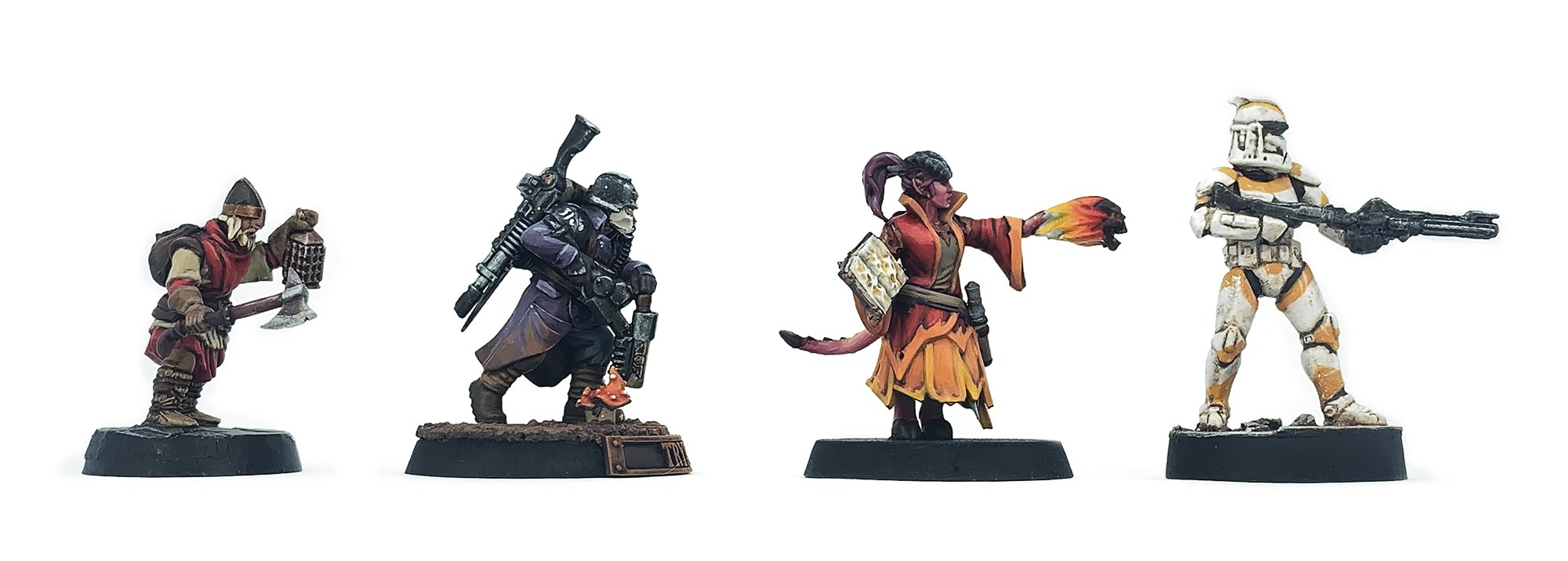 Maßstäbe verschiedener Tabletop-Figuren im Vergleich. Von links nach rechts: Frostgrave Figur, Warhammer Figur (Games Workshop), Hero Forge Figur, Star Wars Legion Figur (Fantasy Flight Games, Atomic Mass Games, Asmodee).