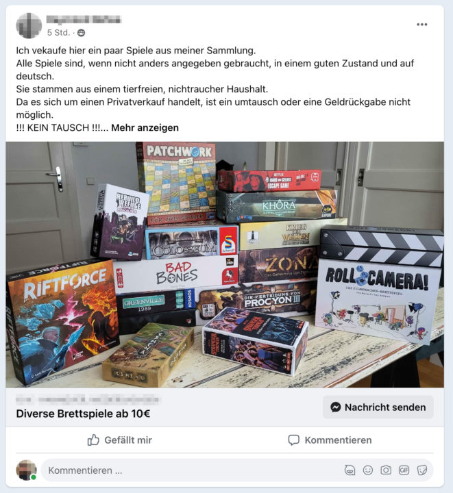 Mehrere Angebote aus einer Social Media Gruppe, um Brettspiele gebraucht zu kaufen. Es ist ein Stapel Spiele zu sehen. Der Autor schreibt seine Preisvorstellung in den Kommentar.