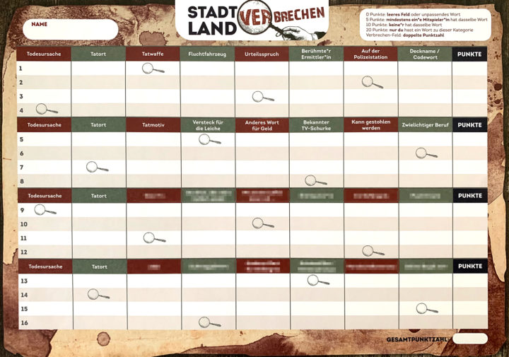 So sieht der Spielplan von Stadt Land Verbrechen aus. Jeder Spieler erhält so einen Spielbogen. Darauf ist eine Tabelle zu sehen, die dem klassischen Stadt Land Fluss Schema folgt.